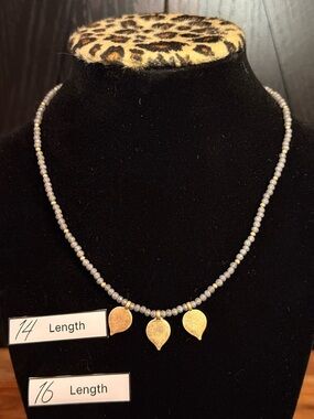 Plunder Gray Beaded Necklace with Gold Leaf Pendants
